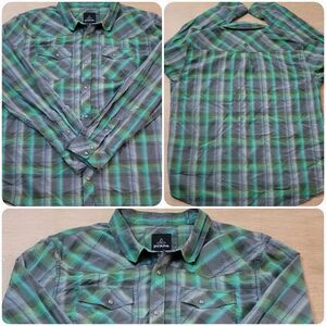 Prana Western Pearl Snap Holstad Long Sleeve Size XL Green Plaid With Pockets